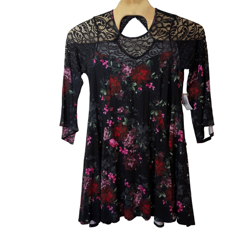 Torrid Super Soft Black Floral Lace Bell Sleeve A-Line Dress Size 1X Whimsigoth
